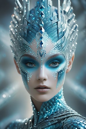 Rorschach Editorial Photography, close up Face, Frost Goddess, Neo Tribal frost Art, detailed skin, ((Background Christmas Tree:1.2) slight Bokeh:0.7), frost crystal,Hexagonal Scales,Movie Aesthetic,Glass Elements,(Transperent Parts)