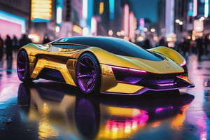 A (gleaming sci-fi concept car supercar:1.3), of cyberpunk urban citie, (vibrant nightlife:1.1), reflection of city lights on polished hood, (sleek aerodynamics:1.2), high-performance luxury, the essence of speed, Canon EOS R5, 1/125s, f/2.8, ISO 100, high-octane elegance, pristine composition, RAW capture, professional photography,