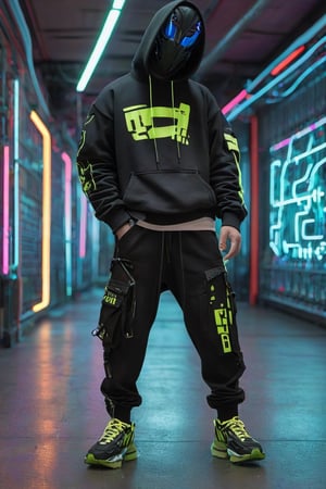 Full-length, standing in the corridor, 1guy dressed in a sweatshirt, a cyber mask connected to a hood, wide trousers with pockets, neon elements on the clothes glow, dark, masterpiece. (Cyberpunk style). TechStreetwear,Digital_Madness,TechStreetwear,Glass Elements