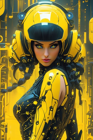 a woman dressed is a yellow and black dress with a helmet, in the style of cyberpunk realism, zbrush, argus c3, made of insects, industrial machinery aesthetics, shiny eyes, high definition