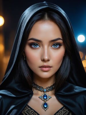 photo portrait of beautiful sexy central asian princess. Dark night, Her dark hair are hidden by a black cloak, blue eyes shiny glossy, eyes shadows blue color , looking at the camera, , clear edge definition, unique and one-of-a-kind pieces, light brown and light amber, Fujifilm X-T4, Sony FE 85mm