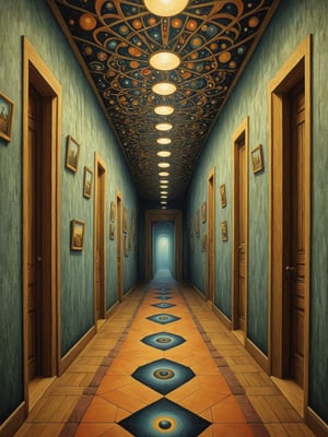 Neo Surrealism, whimsical art, fantasy, painting, magical realism bizarre art, pop surrealism, inspired by Remedios Varo, Jacek Yerka and Gabriel Pacheco. Generate an illustration of The corridor stretching into infinity is littered with kaleidoscopic photographs.,grain_of_film,cinematic_grain_of_film,cinematic_warm_color
