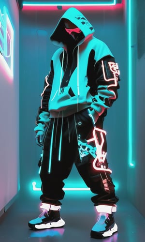 Full-length, standing in the corridor, 1guy dressed in a sweatshirt, a cyber mask connected to a hood, wide trousers with pockets, neon elements on the clothes glow, dark, masterpiece. (Cyberpunk style). TechStreetwear,Digital_Madness,TechStreetwear,Glass Elements,neon photography style