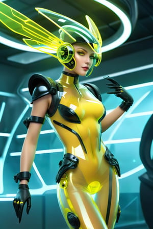 a 1woman dressed is a yellow Transparent Luminous and black dress with a helmet, in the style of cyberpunk realism, zbrush, argus c3, made of insects, industrial machinery aesthetics, shiny eyes, high definition,