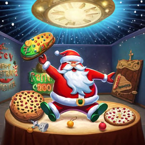 christmas art, madness style, santa claus, fruitcake, harmonious and unified, full of anticipation and excitement, nostalgic and reminiscent, industrial lighting, cartoon moonster, bangerooo