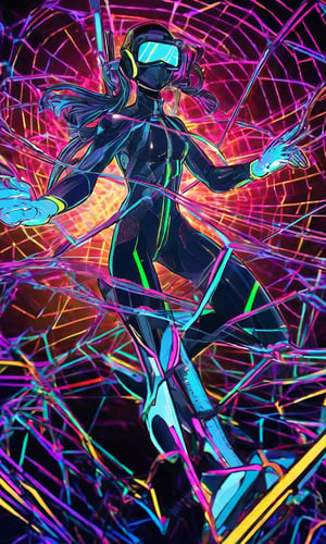 Psychedelic net dive, a cyber-surfer navigating through a web of neon-lit data streams, dodging digital obstacles with fluid grace. , Artificial intelligence, Blade punkByteBlade