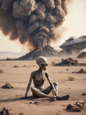 Sad alien in smokes, sitting on a ground, In the distance (An alien ship crashed to the ground, debris burning in the smoke), desert,,cinematic_warm_color, add_more_creative,