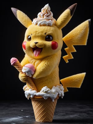 Dark background, RAW photo a side view portrait, ice-cream cone with 1Pikachu head, with a ice-cream on his head, with passion, looking serene, high detail,