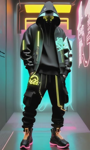 Full-length, standing in the corridor, 1guy dressed in a sweatshirt, a cyber mask connected to a hood, wide trousers with pockets, neon elements on the clothes glow, dark, masterpiece. (Cyberpunk style). TechStreetwear,Digital_Madness,TechStreetwear