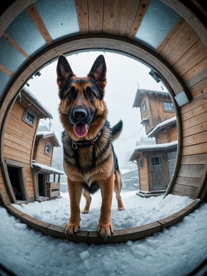 + German Shepherd, cyberpunk, small body, in Dog House, fish eye view, frost, glowing, metamorphic, epic cinematographic take of moving dynamics, main theme of a high budget action film, rough photography, blur of movement, better quality, high resolution
