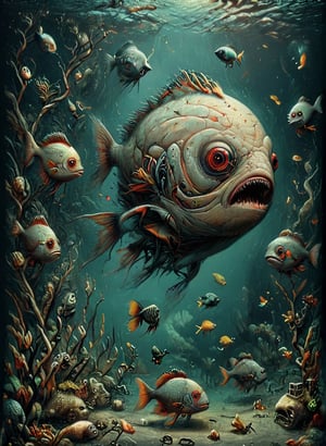 cute drawing of a Piranha Fishes, under dark water, guided by a large humanoid fish, swim chaotically in search of food, slender body, thin body,