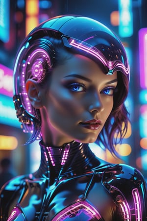Hyperrealistic, art cinematic, photo Neon noir, beautiful woman semi robot, She is dressed in ((ultraviolet latex glows softly)), transparent armor elements,. Cyberpunk, dark, rainy streets, neon signs, high contrast, low light, vibrant, highly detailed . 35mm photograph, film, bokeh, professional, 4k, highly detailed . Extremely high-resolution details, photographic, realism pushed to extreme, fine texture, incredibly lifelike,