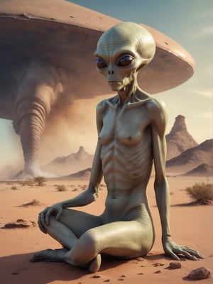 Sad alien smokes, sitting on a ground, An alien ship crashed into the ground, desert, (fire:0.2),
(oil painting:0.1),
,cinematic_warm_color, add_more_creative,alien_woman