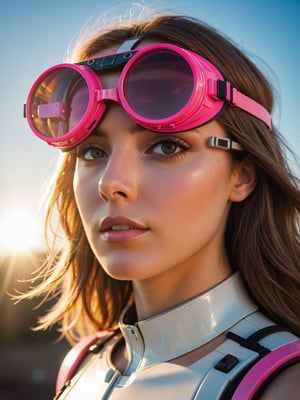 + photograph, Portrait close up, thin Western, Female, Robotic, fluorescent pink Goggles, Sun in the sky, Overdetailed art, Disgusting, Hyperpop, Sun Rays, High Shutter Speed, Cinestill 50, macro Lens, adobe lightroom