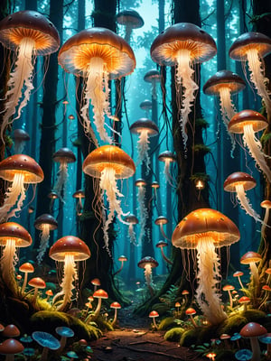 A jellyfish forest with (mushrooms glowing) in the dark, a forest fantasy in a nature scenery,cinematic_warm_color:0.0,cinematic_warm_color,more detail XL