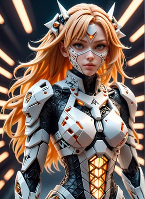 Portrait, 1girl, mecha suit, samurai face mask, menpo, upper body, underboob, portrait, white orange armor, blonde shimmering hair, 8K, RAW, best quality, masterpiece, ultra high res, colorful, (medium wide shot), (dynamic perspective), sharp focus , (depth of field, bokeh:1.3), extremely detailed eyes and face, beautiful detailed eyes,large breasts,black glowing reflective ral-pnrse surface, trimmed gear,In a futuristic weapons factory, ((masterpiece, best quality)), niji, from side, upper body, hips,ral-pnrse