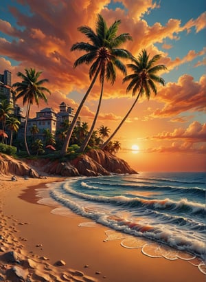 ((sea bay)), beach, palm tree, sunset, orange sky, cloud, (masterpiece),((ultra-detailed)), (highly detailed illustration),(expressionless), (best quality:1.2), High quality texture, intricate details, detailed texture, High quality shadow, Depth of field, light source contrast, perspective,20s, (ulzzang-6500-v1.1:0.5),cinematic_warm_color,covered with ais-acrylicz