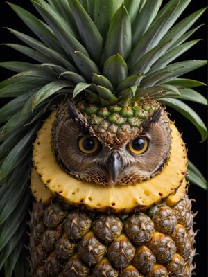 (pineapple:1.5) owl hybrid, sharp focus, award-winning photograph, add_more_creative