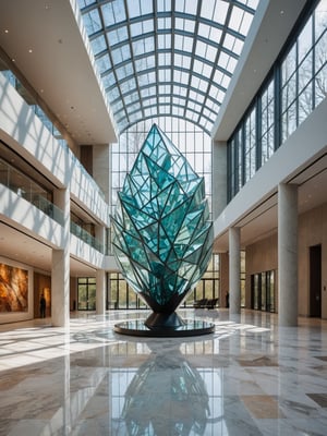 A high detailed DSLR RAW photo of a modern, spacious hj-tech interior with high ceilings and large windows. In the center, place a large, intricate organic glass sculpture with multi-faceted surfaces. Surround it with smaller, diverse glass artworks in various colors and textures. Include both natural light from the windows and artificial spotlights highlighting the sculptures. Show complex reflections and shadows on the sculptures, walls, and a polished marble floor. Capture the scene from an angle emphasizing the central sculpture with a slightly blurred background,grain_of_film,cinematic_grain_of_film,cinematic_warm_color