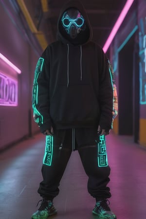 Full-length, standing in the corridor, 1guy dressed in a sweatshirt, a cyber mask connected to a hood, wide trousers with pockets, neon elements on the clothes glow, dark, masterpiece. (Cyberpunk style). TechStreetwear,Digital_Madness,TechStreetwear,Glass Elements