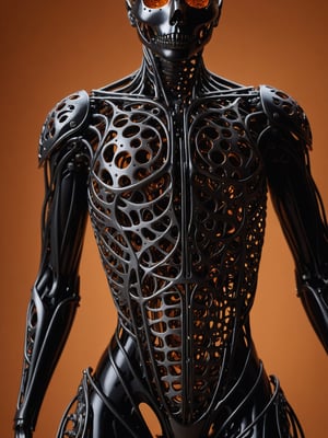 masterpiece, intricate details, dark metal black skeleton cyborg, exquisite delicate metal body structure, intricate detailed filigree delicate inner structure, (voids in body:1.5), (voids in body:1.5), (gaps in body:1.5), (holes in body:1.5), (hollows in body:1.5), close-up shot of torso, see through body, Light source from behind, orange simple background,