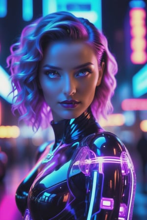 Hyperrealistic, art cinematic, photo Neon noir beautiful woman semi robot taking selfie, She is dressed in ((ultraviolet latex glows softly)), transparent armor elements,. Cyberpunk, dark, rainy streets, neon signs, high contrast, low light, vibrant, highly detailed . 35mm photograph, film, bokeh, professional, 4k, highly detailed . Extremely high-resolution details, photographic, realism pushed to extreme, fine texture, incredibly lifelike, 