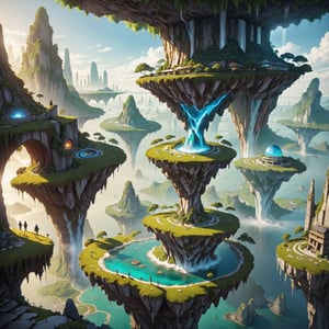 a levitating world in the sky, islands suspended in the sky, freely drifting in the air, like giant puzzle pieces connected by floating levitating bridges. There are cyber buildings on each island, some have gardens and others have waterfalls, one of the islands has a glass dome.,Comic Book-Style 2d,2d,floatingisland,landscapes