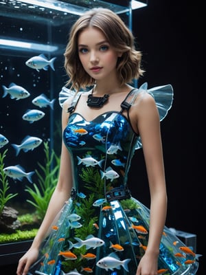 A harmonious blend of nature and technology. (Dress made from fish tank), a futuristic realm,  portrait, detailed eyes, posing for photo, dark background, bokeh,