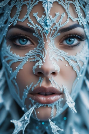 Rorschach Editorial Photography, Extreme Close Up Female Face, Frost Goddess, Neo Tribal frost Art, (Background Christmas Tree Bokeh:1.2), frost crystal on Lips