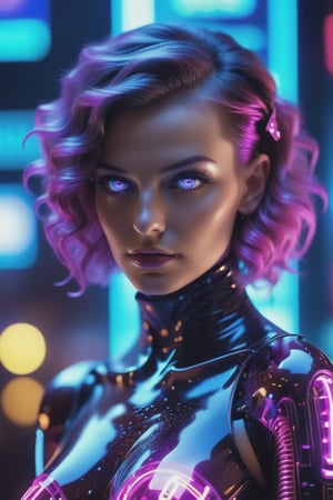 Hyperrealistic, art cinematic, photo Neon noir, beautiful woman semi robot, She is dressed in ((ultraviolet latex glows softly)), transparent armor elements,. Cyberpunk, dark, rainy streets, neon signs, high contrast, low light, vibrant, highly detailed . 35mm photograph, film, bokeh, professional, 4k, highly detailed . Extremely high-resolution details, photographic, realism pushed to extreme, fine texture, incredibly lifelike, ,GLASS