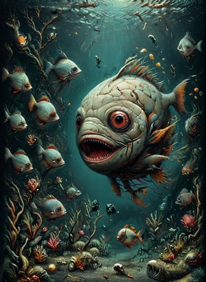 cute drawing of a Piranha Fishes, under dark water, swim chaotically in search of food, slender body, thin body,
