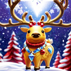 masterpiece, best quality, 4K, 8K, ultra detailed background, delicate pattern, complex detailed background, studio lighting, yellow back light, depth of field, fantastic,
view from below, view from a 45-degree angle, face to camera, looking at camera,
(crystal reindeer:1.2), red armor, glowing reindeer, stylish pose, cinematic angle, Jewelry,
necklace, long reindeer antlers,
Christmas tree,Christmas decoration, snow, snowing,  mechanical skeleton, chibi, FrostedStyle