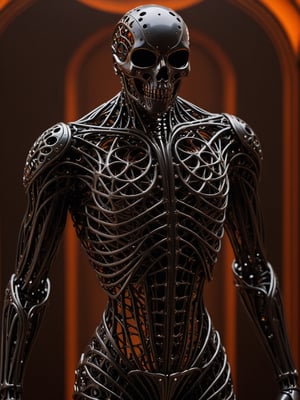 masterpiece, intricate details, dark metal black skeleton cyborg, exquisite delicate metal body structure, intricate detailed filigree delicate inner structure, (voids in body:1.5), (voids in body:1.5), (gaps in body:1.5), (holes in body:1.5), (hollows in body:1.5), close-up shot of torso, see through body, orange background,ral-pnrse,Movie Still,g1h3r