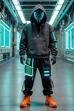 Full-length, standing in the corridor, 1guy dressed in a sweatshirt, a cyber mask connected to a hood, wide trousers with pockets, neon elements on the clothes glow, dark, masterpiece. (Cyberpunk style). TechStreetwear,Glass Elements,ROBOT