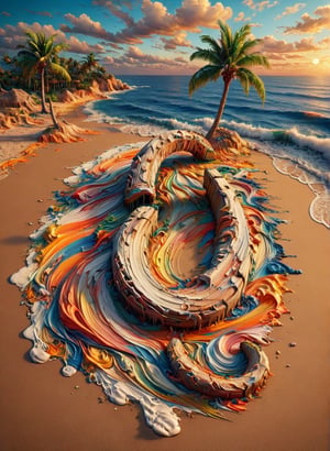 sea bay in the form of a horseshoe, beach, palm tree, sunset, orange sky, cloud, (masterpiece), (highly detailed acrylic illustration),(expressionless), (best quality:1.2), High quality texture, intricate details, detailed texture, High quality shadow, Depth of field, light source contrast, perspective,20s,,cinematic_warm_color,covered with ais-acrylicz,ais-acrylicz