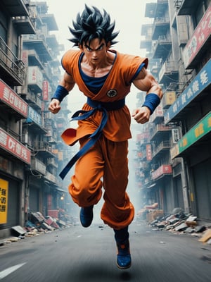 + ranger, Dragonball series, Overwhelmed, in subatomic city, slightly above sight, metal, ascending, exotic, epic cinematographic shot of dynamic in motion, main theme of a high budget action film, rough photography, blur of movement, better quality, high resolution