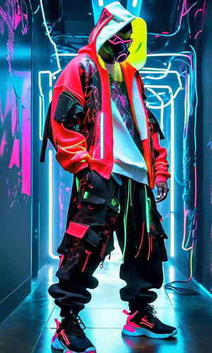 Full-length, standing in the corridor, 1guy dressed in a sweatshirt, cyber mask connected to a hood, wide trousers with pockets, neon elements on the clothes glow, The dark atmosphere emphasizes the glow of the clothes, masterpiece. (Cyberpunk style). TechStreetwear,Digital_Madness,TechStreetwear,Glass Elements,neon photography style,ByteBlade