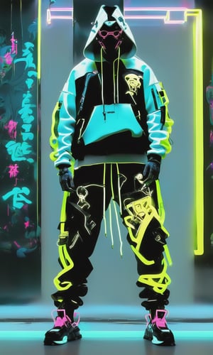 Full-length, standing in the corridor, 1guy dressed in a sweatshirt, a cyber mask connected to a hood, wide trousers with pockets, neon elements on the clothes glow, dark, masterpiece. (Cyberpunk style). TechStreetwear,Digital_Madness,TechStreetwear,Glass Elements,neon photography style,ByteBlade