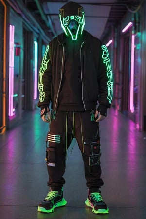 Full-length, standing in the corridor, 1guy dressed in a sweatshirt, a cyber mask connected to a hood, wide trousers with pockets, neon elements on the clothes glow, dark, masterpiece. (Cyberpunk style). TechStreetwear,Digital_Madness,TechStreetwear,Glass Elements