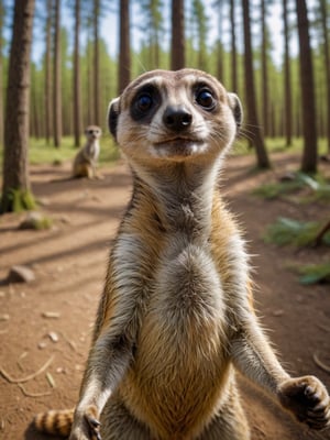 a meerkat takes a selfie in the forest, in the style of fisheye effects, somber mood, strong facial expression, wimmelbilder, tilt shift,grain_of_film,cinematic_grain_of_film,cinematic_warm_color,Glass Elements