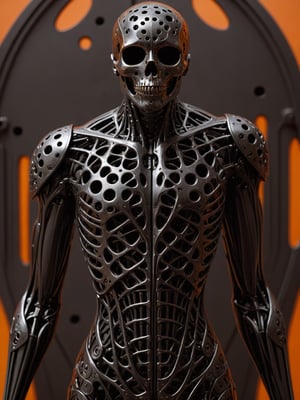 masterpiece, intricate details, dark metal black skeleton cyborg, exquisite delicate metal body structure, intricate detailed filigree delicate inner structure, (voids in body:1.3), (voids in body:1.3), (gaps in body:1.5), (holes in body:1.5), (hollows in body:1.5), close-up shot of torso, see through body, orange background,ral-pnrse,Movie Still,g1h3r