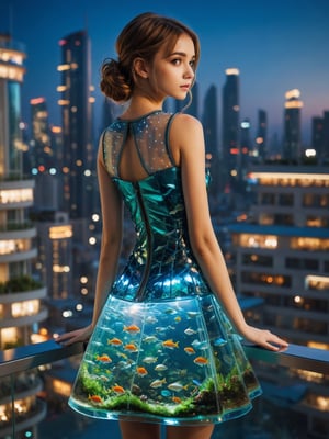 A harmonious blend of nature and technology. (Dress made from fish tank), a futuristic realm, Evening, 1Girl on the balcony, ultra hi-tech cityscape, light bokeh portrait, detailed eyes, posing for photo, hiding hands behind,cinematic_warm_color,Movie Still,Extremely Realistic