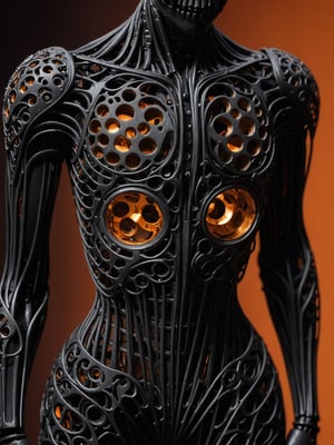 masterpiece, intricate details, dark metal black skeleton cyborg, exquisite delicate metal body structure, intricate detailed filigree delicate inner structure, (voids in body:1.5), (voids in body:1.5), (gaps in body:1.5), (holes in body:1.5), (hollows in body:1.5), close-up shot of torso, see through body, orange simple background,Extremely Realistic