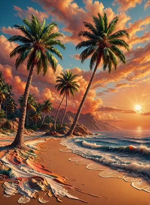 ((sea bay)), beach, palm tree, sunset, orange sky, cloud, (masterpiece), (highly detailed illustration),(expressionless), (best quality:1.2), High quality texture, intricate details, detailed texture, High quality shadow, Depth of field, light source contrast, perspective,20s,,cinematic_warm_color,covered with ais-acrylicz,ais-acrylicz