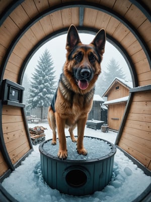 + German Shepherd, cyberpunk, small body, in Dog House, fish eye view, frost, glowing, metamorphic, epic cinematographic, main theme of a high budget action film, rough photography, blur of movement, better quality, high resolution