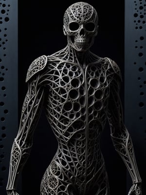 masterpiece, intricate details, dark metal black skeleton cyborg, exquisite геометрическая metal body structure, intricate detailed filigree delicate inner structure, (voids in body:1.3), (voids in body:1.3), (gaps in body:1.5), (holes in body:1.5), (hollows in body:1.5), close-up shot of torso, see through body, orange background,ral-pnrse