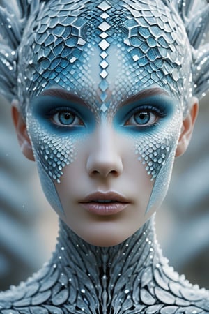 Rorschach Editorial Photography, close up Face, Frost Goddess, Neo Tribal frost Art, detailed skin, ((Background Christmas Tree:1.2) slight Bokeh:0.7), frost crystal, Hexagonal Scales