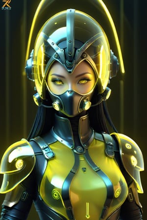 a 1woman dressed is a yellow Transparent Glow and black dress, with a sci-fi onen light helmet, in the style of cyberpunk realism, zbrush, argus c3, made of insects, industrial machinery aesthetics, [[[ Glow eyes ]]], high definition, more detail XL, high mackeup,GLASS