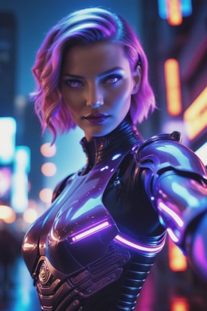 Hyperrealistic art cinematic photo Neon noir beautiful woman semi robot taking selfie, looking at viewer, She is dressed in ((ultraviolet latex glows softly)), transparent armor elements,. Cyberpunk, dark, rainy streets, neon signs, high contrast, low light, vibrant, highly detailed . 35mm photograph, film, bokeh, professional, 4k, highly detailed . Extremely high-resolution details, photographic, realism pushed to extreme, fine texture, incredibly lifelike, weapon,