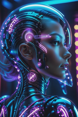 Hyperrealistic, art cinematic, photo Neon noir, beautiful woman semi robot, She is dressed in ((ultraviolet latex glows softly)), transparent armor elements,. Cyberpunk, dark, neon signs, high contrast, low light, vibrant, highly detailed . 35mm photograph, film, bokeh, professional, 4k, highly detailed . Extremely high-resolution details, photographic, realism pushed to extreme, fine texture, incredibly lifelike,GLASS